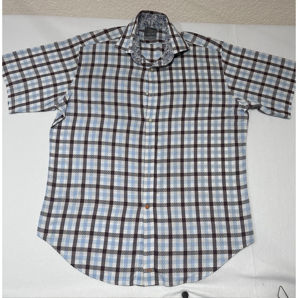 Thomas Dean Men's Button Down Shirt Size‎ L Short Sleeve White Brown Blue